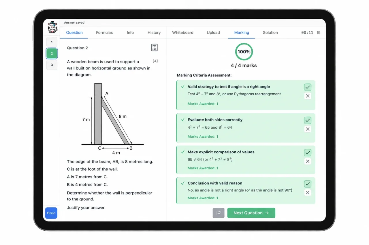 An iPad showing 4 out of 4 marks for the wooden-beam question, with feedback against four marking criteria.