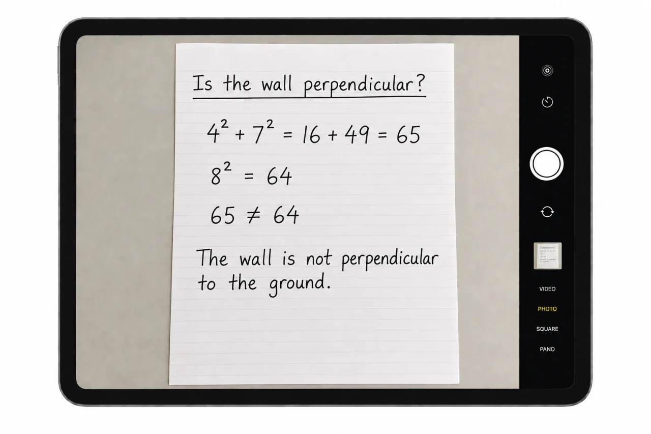 An iPad camera framing handwritten working on paper for the wooden-beam question.