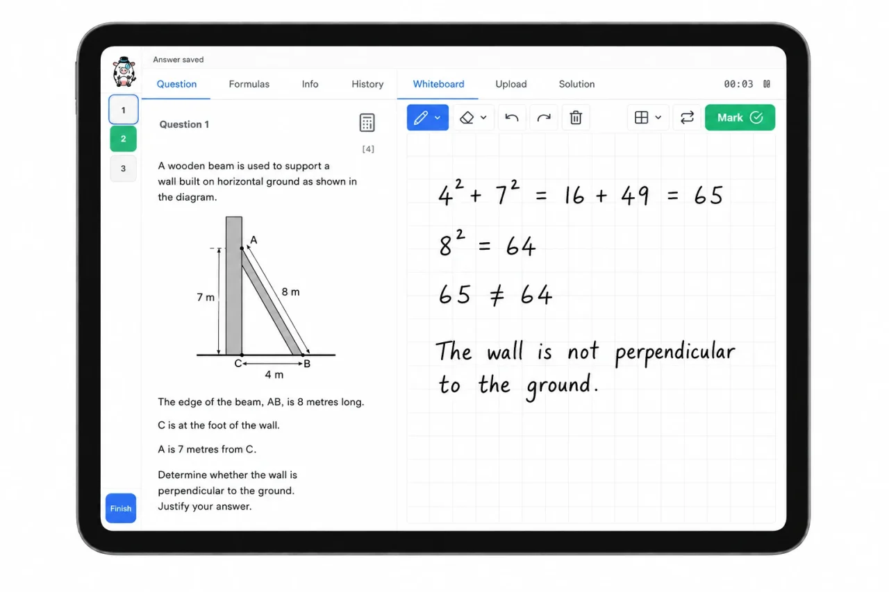 An iPad showing the wooden-beam question and handwritten Pythagoras working on the integrated whiteboard.