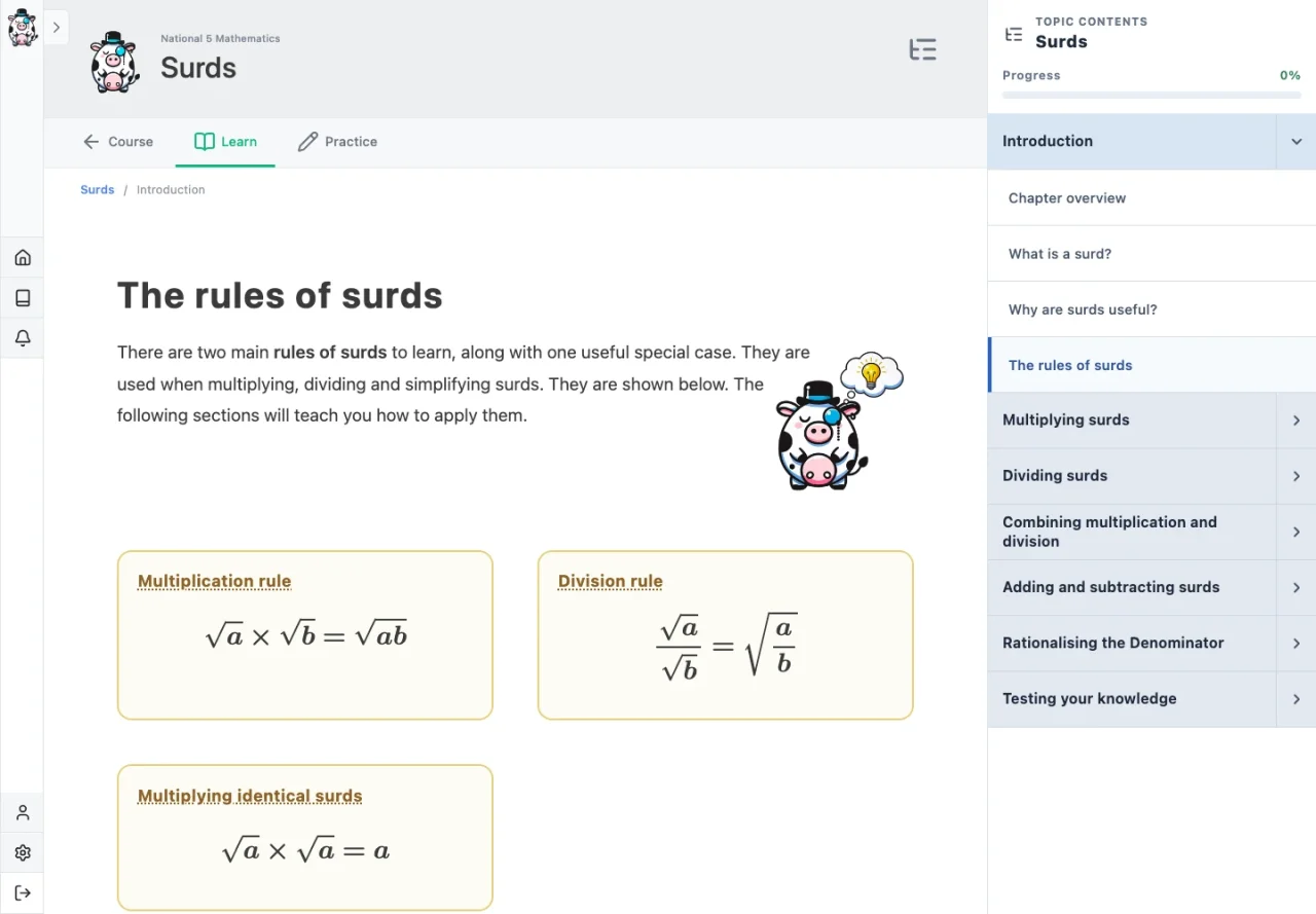 A Surds lesson with visual rule cards and the Topic Navigator on the right.