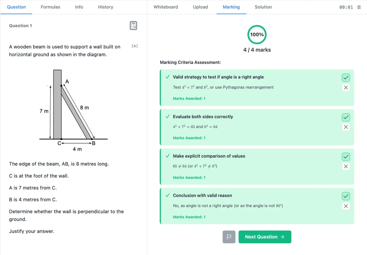 The marking view awards four out of four marks and explains each marking criterion.