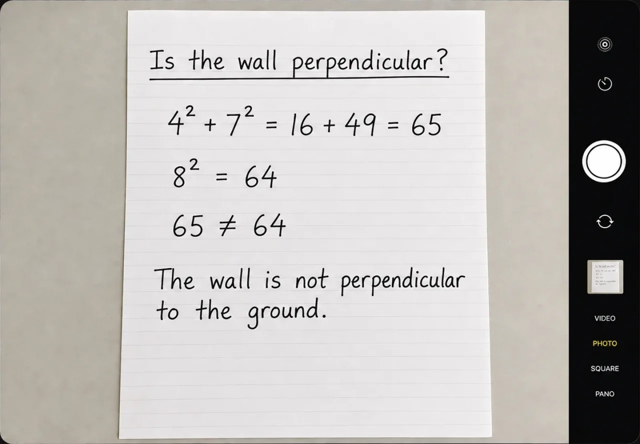 A camera view of handwritten working on paper for the same wooden-beam question. Photo illustration.