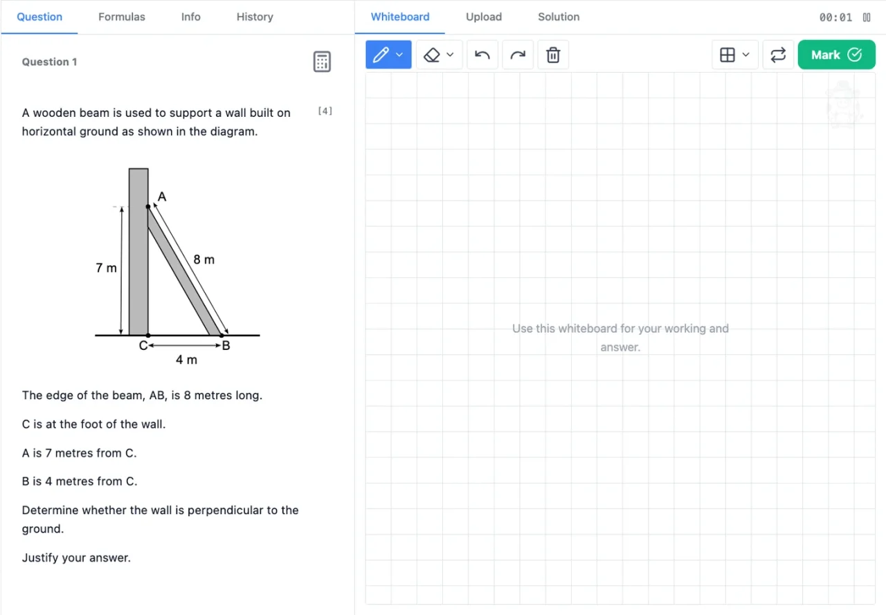 The wooden-beam exam question beside an empty integrated whiteboard.