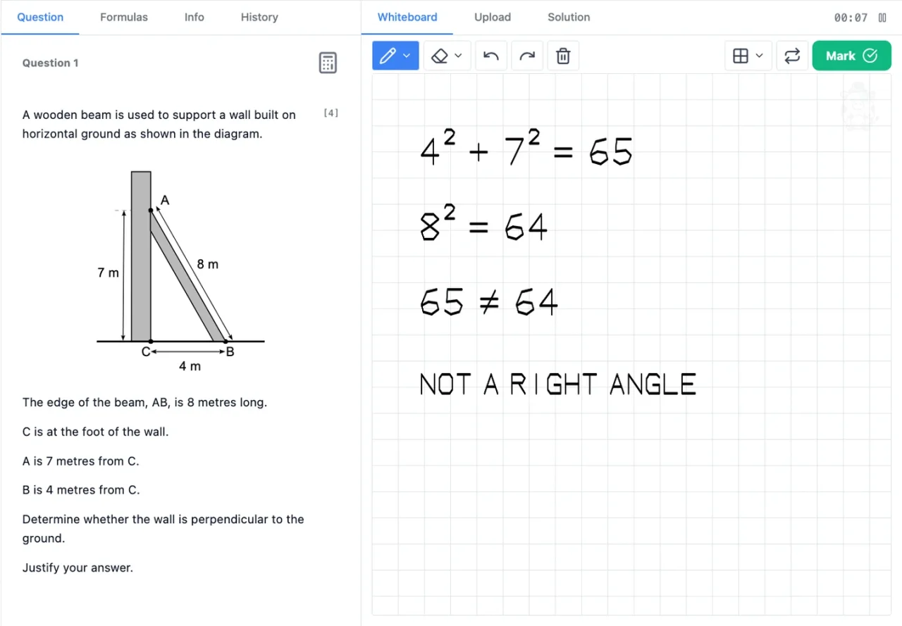 Handwritten Pythagoras calculations on the whiteboard show that the wall is not perpendicular to the ground.